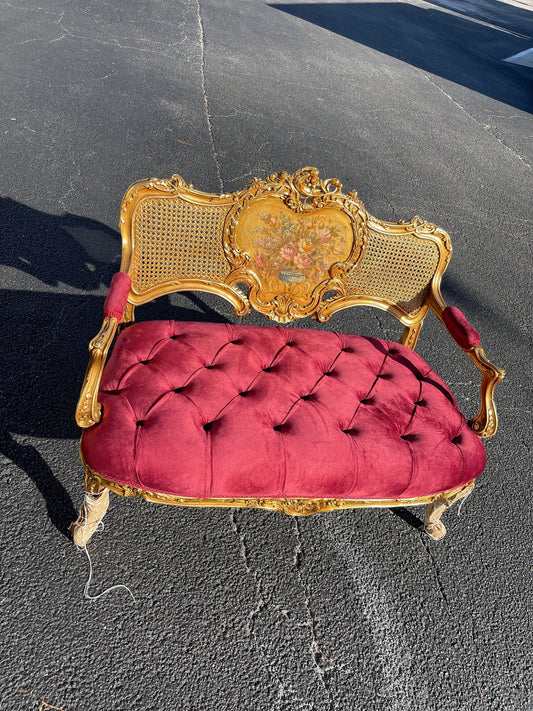 Louis XV Style Hand-Carved Settee with Floral Backrest – Gold Finish & Deep Red Velvet-Out Of Stock -Made to order