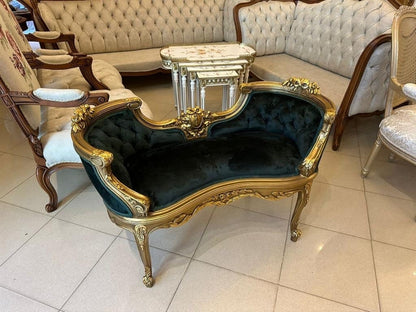 Luxury French mini gilt wood sofa green suede-Out Of Stock -Made to order