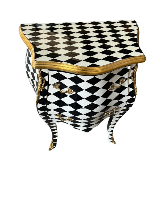 Louis XV Courtly checkered chest 2 drawers , Blk/Wht/gld— 25.5 W in-Out Of Stock -Made to order