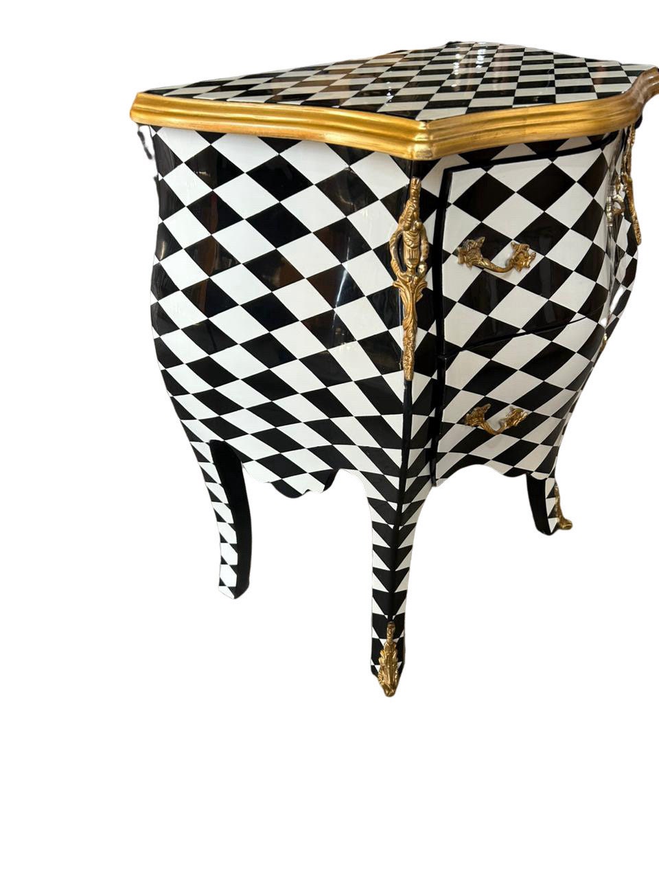 Louis XV Courtly checkered chest 2 drawers , Blk/Wht/gld— 25.5 W in-Out Of Stock -Made to order