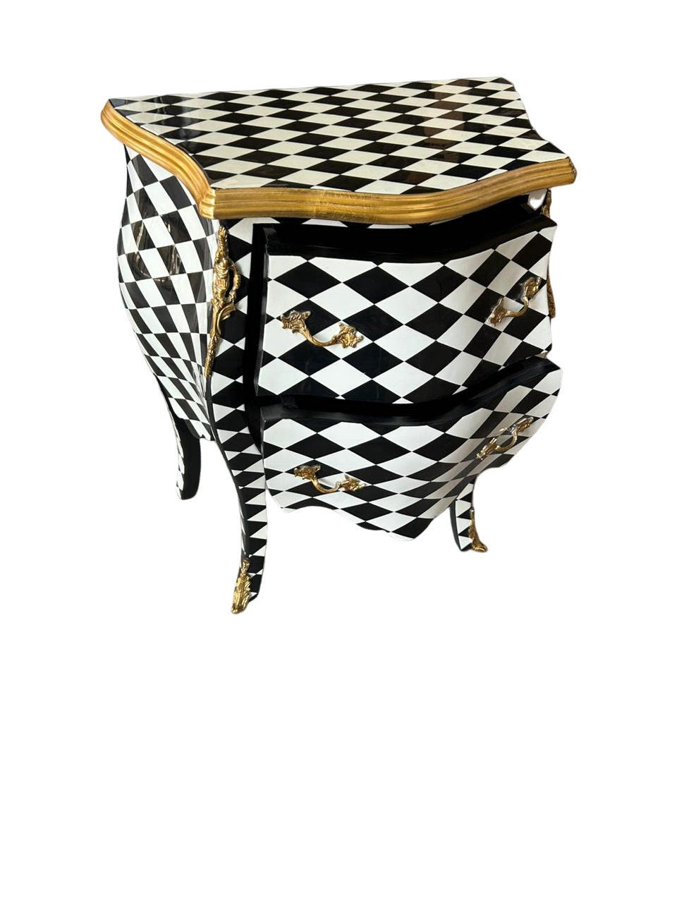 Louis XV Courtly checkered chest 2 drawers , Blk/Wht/gld— 25.5 W in-Out Of Stock -Made to order