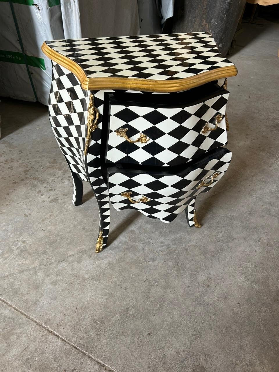 Louis XV Courtly checkered chest 2 drawers , Blk/Wht/gld— 25.5 W in-Out Of Stock -Made to order