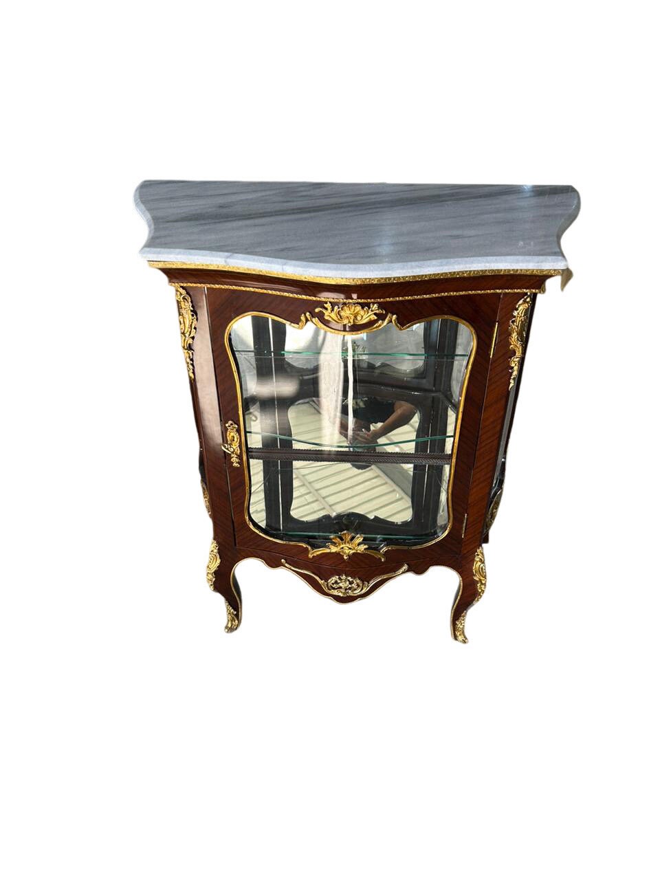 Unique Louis XV Glass baby Cabinet Mahogany Bronze Marble Top-Out Of Stock -Made to order