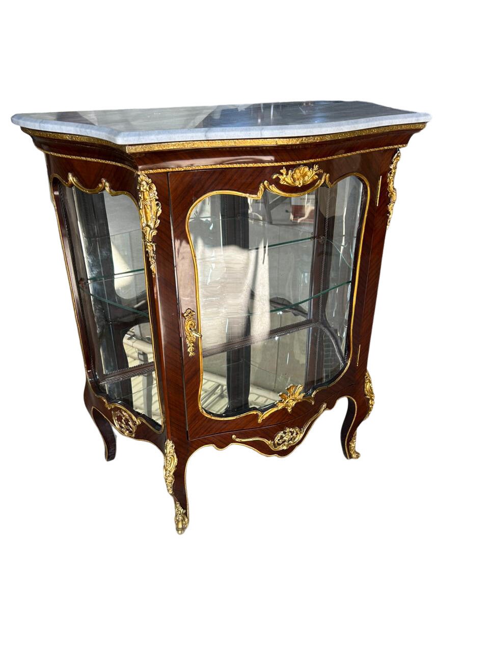 Unique Louis XV Glass baby Cabinet Mahogany Bronze Marble Top-Out Of Stock -Made to order