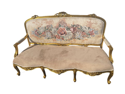 French Giltwood Settee set , Style Louis XVI, beige 19th Century ( 1 sofa + 2 chairs )