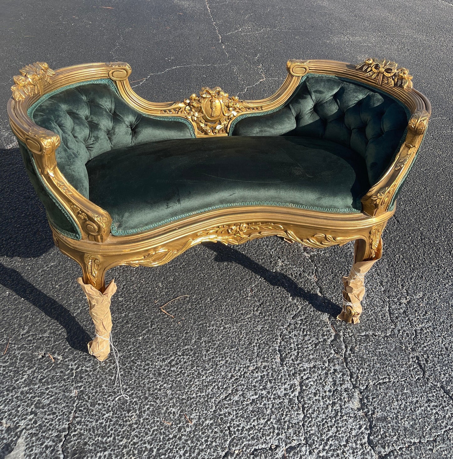 Luxury French mini gilt wood sofa green suede-Out Of Stock -Made to order