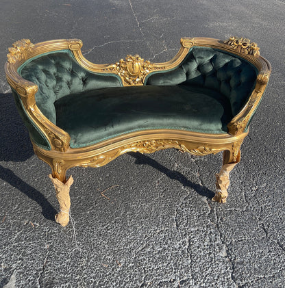 Luxury French mini gilt wood sofa green suede-Out Of Stock -Made to order