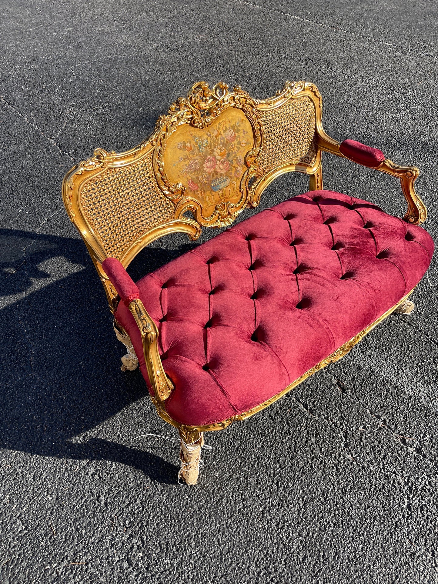 Louis XV Style Hand-Carved Settee with Floral Backrest – Gold Finish & Deep Red Velvet-Out Of Stock -Made to order