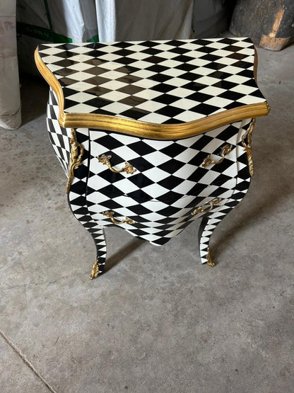 Louis XV Courtly checkered chest 2 drawers , Blk/Wht/gld— 25.5 W in-Out Of Stock -Made to order