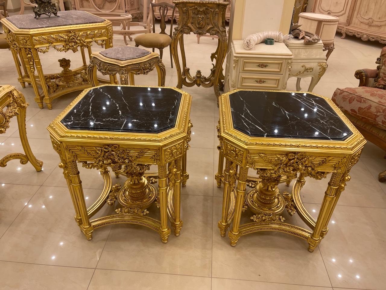 Magnificent Louis XV Luxury Handmade Giltwood 8 legs Marble top side Table- set of 2