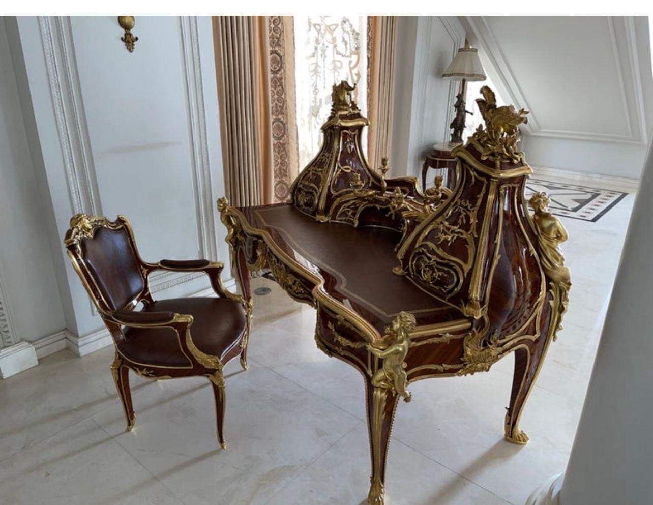 French One of kind Louis XV-Style Executive Desk & Chair Set – Gilded Bronze and Mahogany Masterpiece- Read description