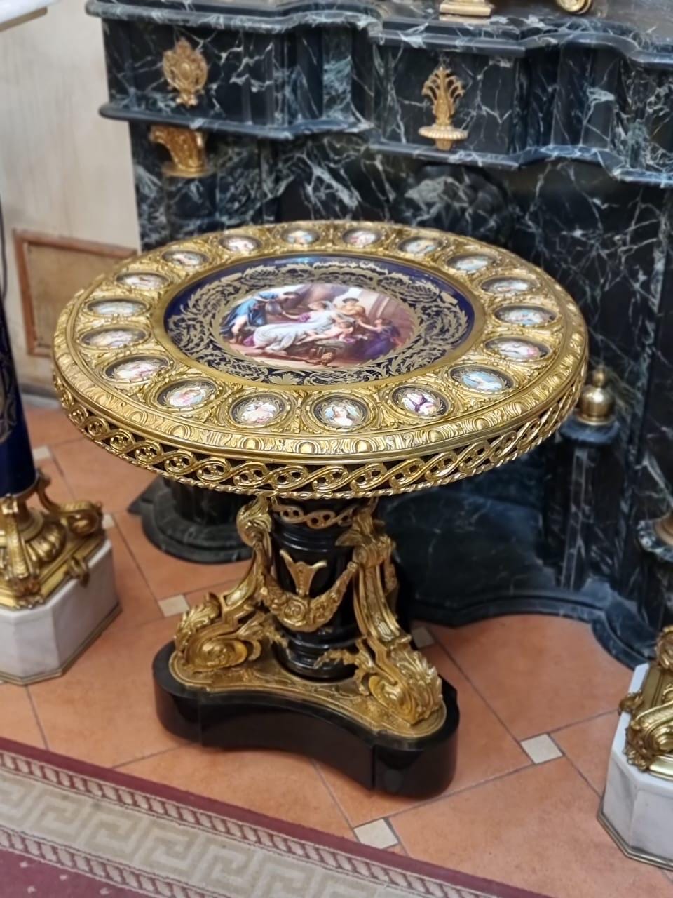 Unique Royal Salon Porcelain and Gilt Bronze Round Table – Hand-Painted with Classical Motifs