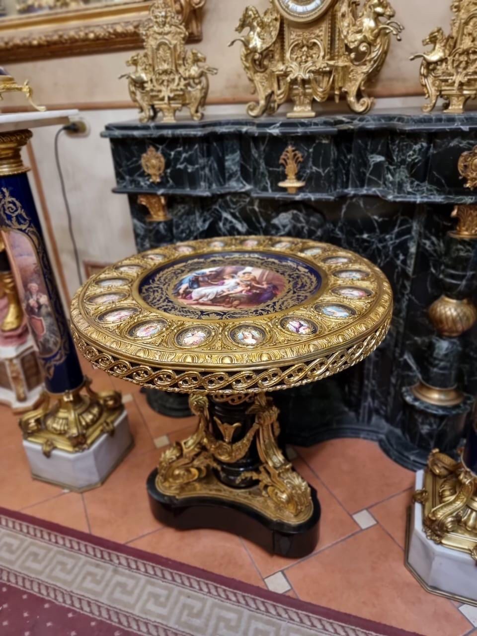 Unique Royal Salon Porcelain and Gilt Bronze Round Table – Hand-Painted with Classical Motifs