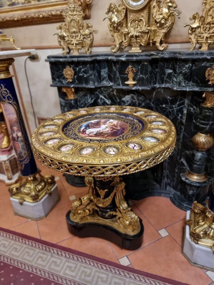 Unique Royal Salon Porcelain and Gilt Bronze Round Table – Hand-Painted with Classical Motifs