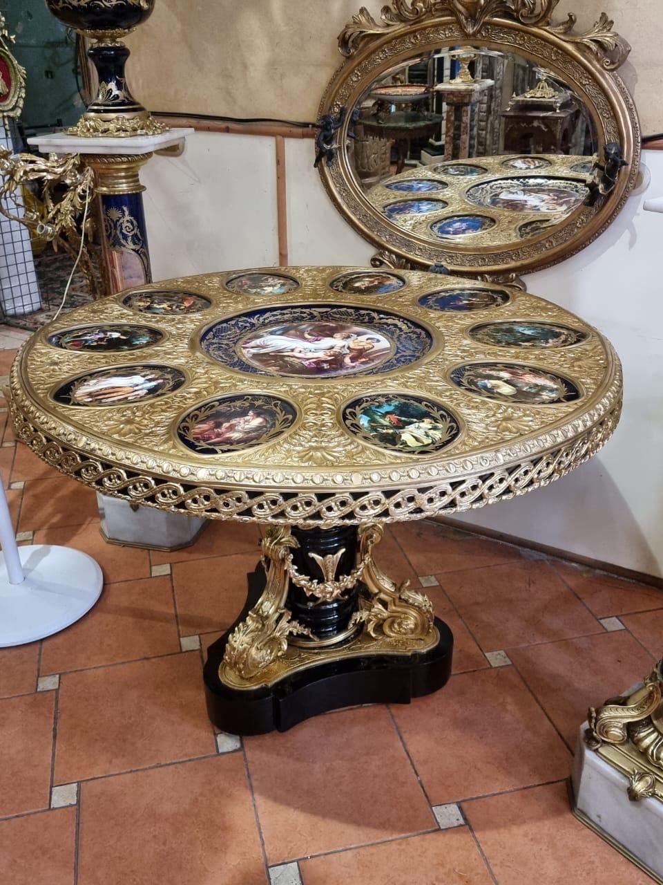 Unique Large Royal Salon Porcelain and Gilt Bronze Round Table – Hand-Painted with Classical Motifs
