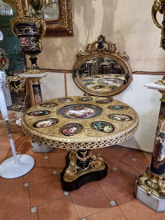Unique Large Royal Salon Porcelain and Gilt Bronze Round Table – Hand-Painted with Classical Motifs