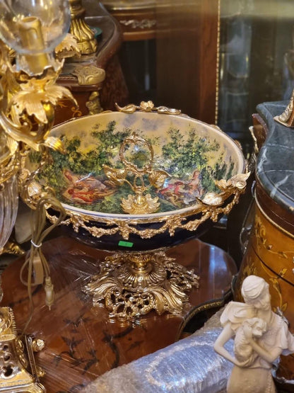 French Porcelain Centerpiece Bowl – Cobalt Blue with Gilt Bronze Mounts