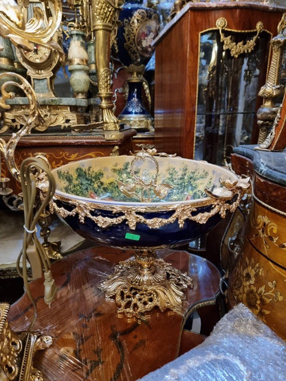 French Porcelain Centerpiece Bowl – Cobalt Blue with Gilt Bronze Mounts