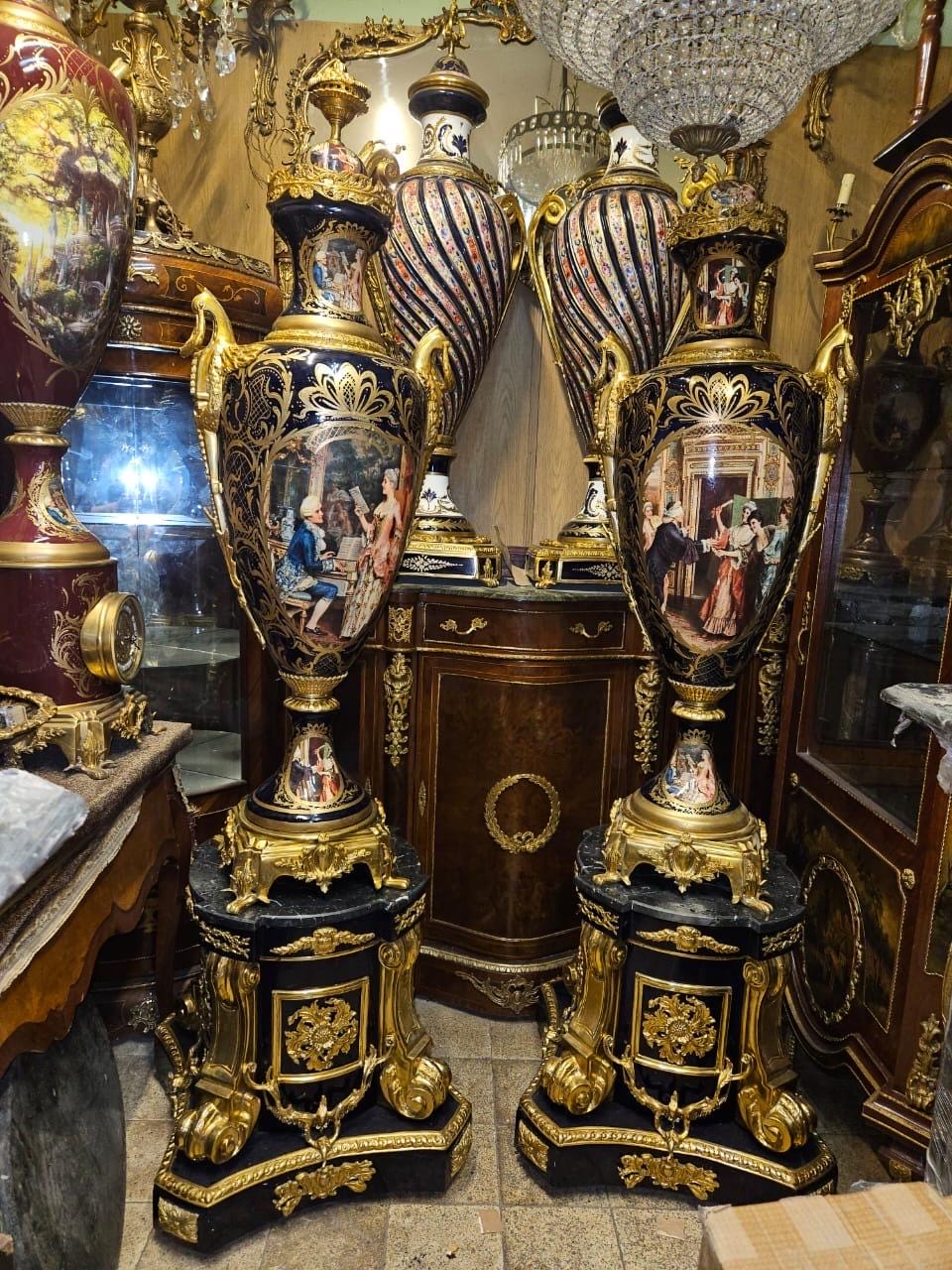 Monumental Pair of French Sevres-Style Porcelain Vases with Pedestals – Hand-Painted & Gilt Bronze Mounted- Navy blue