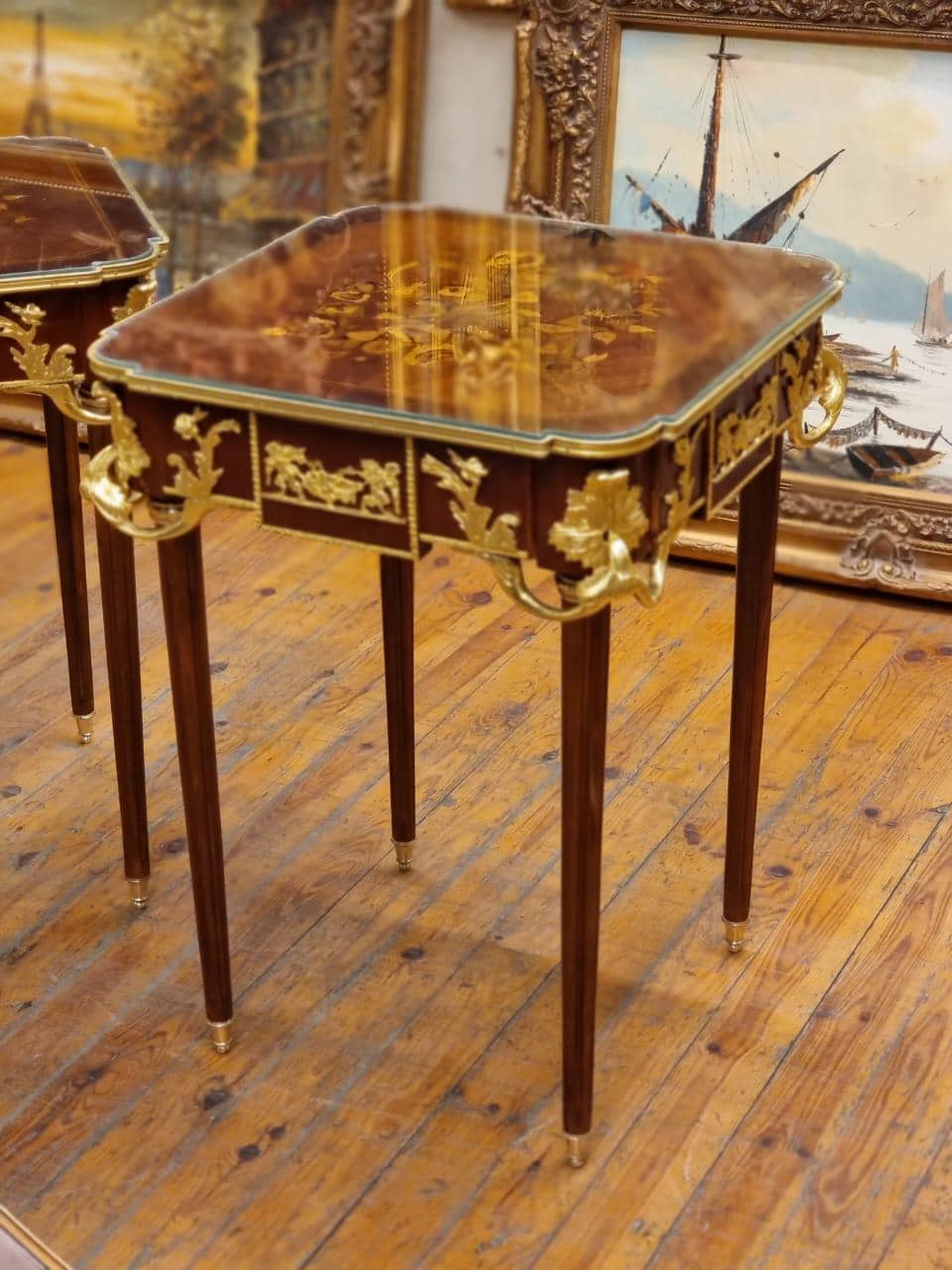 French Louis XV Style Marquetry Side Table with Gilt Bronze Mounts Set (2)