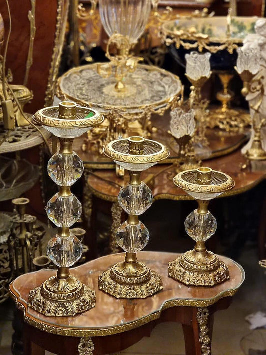 Set of 3 Ornate Crystal & Gilt Bronze Candle Holders – Vintage French Style