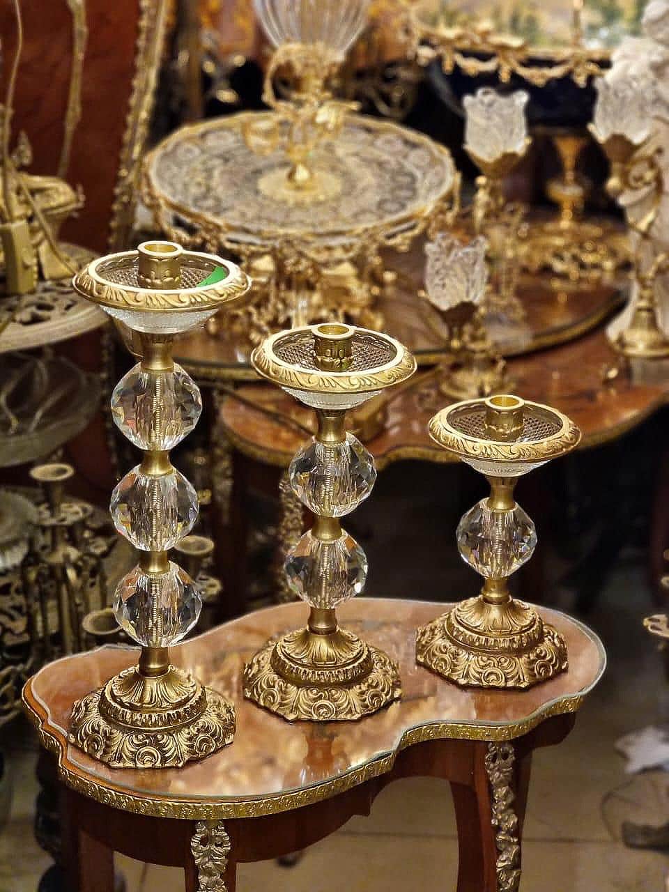 Set of 3 Ornate Crystal & Gilt Bronze Candle Holders – Vintage French Style