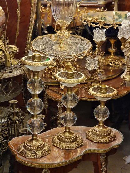 Set of 3 Ornate Crystal & Gilt Bronze Candle Holders – Vintage French Style