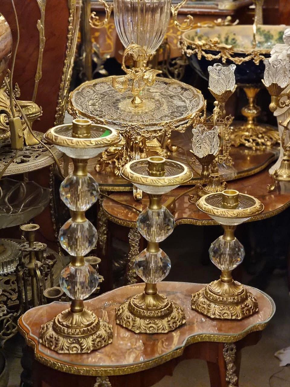 Set of 3 Ornate Crystal & Gilt Bronze Candle Holders – Vintage French Style