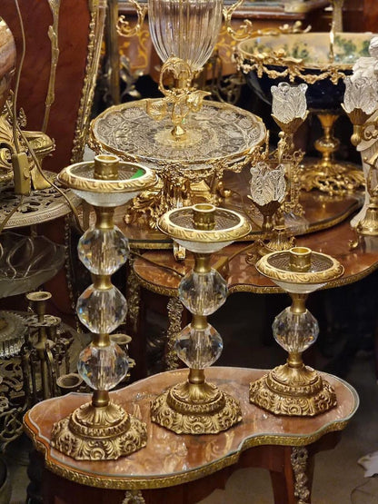 Set of 3 Ornate Crystal & Gilt Bronze Candle Holders – Vintage French Style