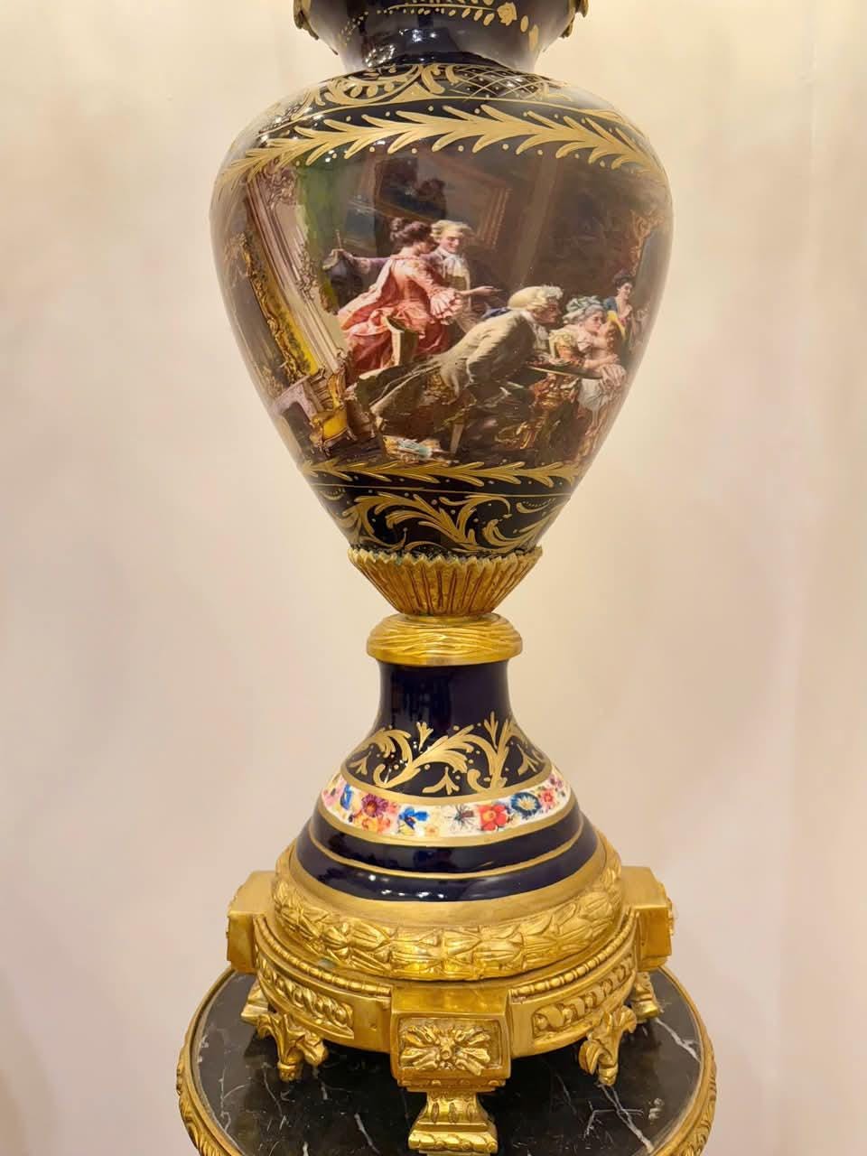 Majestic Pair of Antique Sevres-Style Porcelain & Ormolu Candelabra Lamps on Pedestals – 19th Century