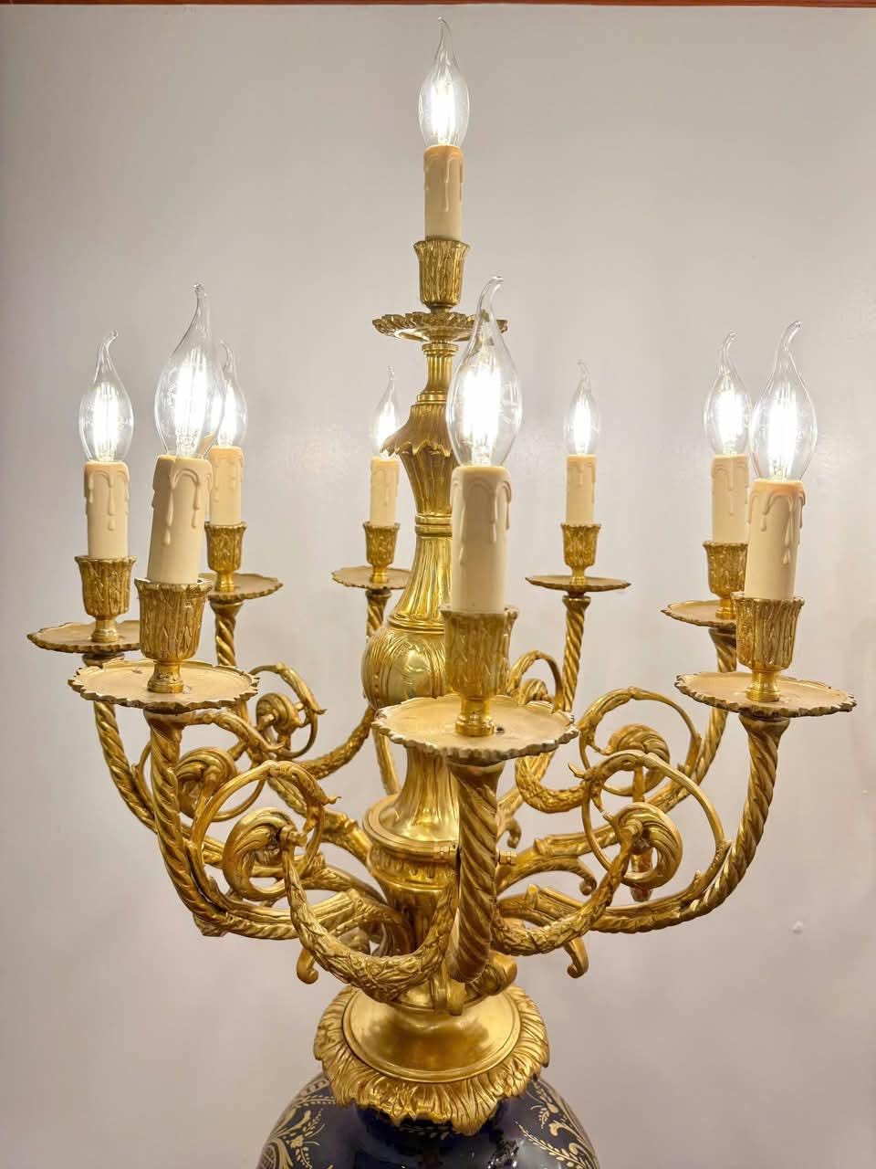 Majestic Pair of Antique Sevres-Style Porcelain & Ormolu Candelabra Lamps on Pedestals – 19th Century