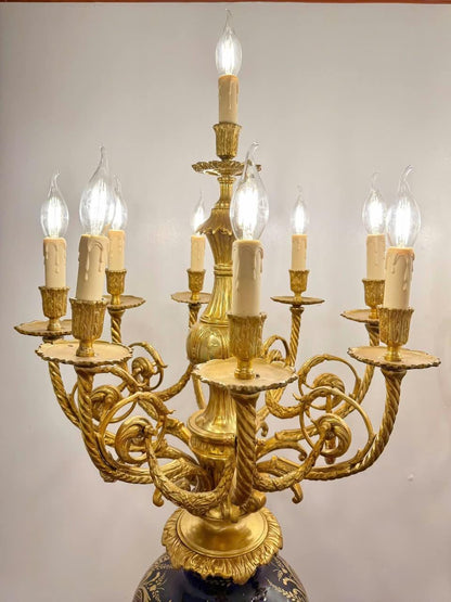 Majestic Pair of Antique Sevres-Style Porcelain & Ormolu Candelabra Lamps on Pedestals – 19th Century