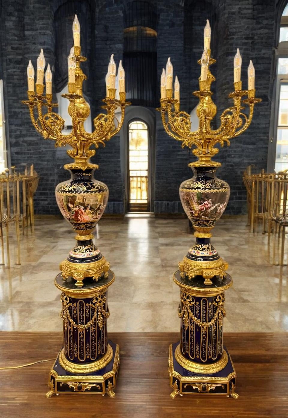 Majestic Pair of Antique Sevres-Style Porcelain & Ormolu Candelabra Lamps on Pedestals – 19th Century