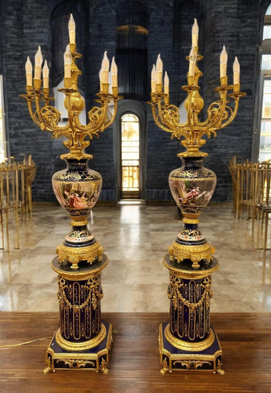 Majestic Pair of Antique Sevres-Style Porcelain & Ormolu Candelabra Lamps on Pedestals – 19th Century