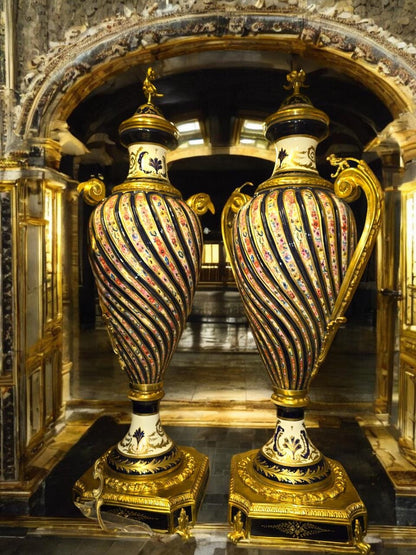 Exquisite Pair of French Antique Style Ornamental Vases with Gilded Bases – Rococo Style ( available In Two colors Navy and Maroon)