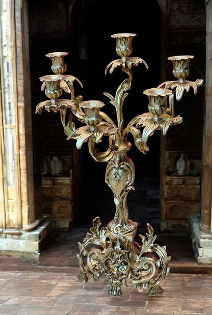 Antique-Style Gilt Bronze Candelabra & Center Bowl Set – French Rococo Design (3 Piece Set)