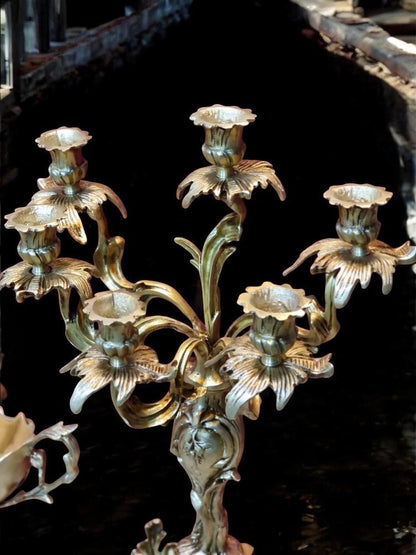 Antique-Style Gilt Bronze Candelabra & Center Bowl Set – French Rococo Design (3 Piece Set)