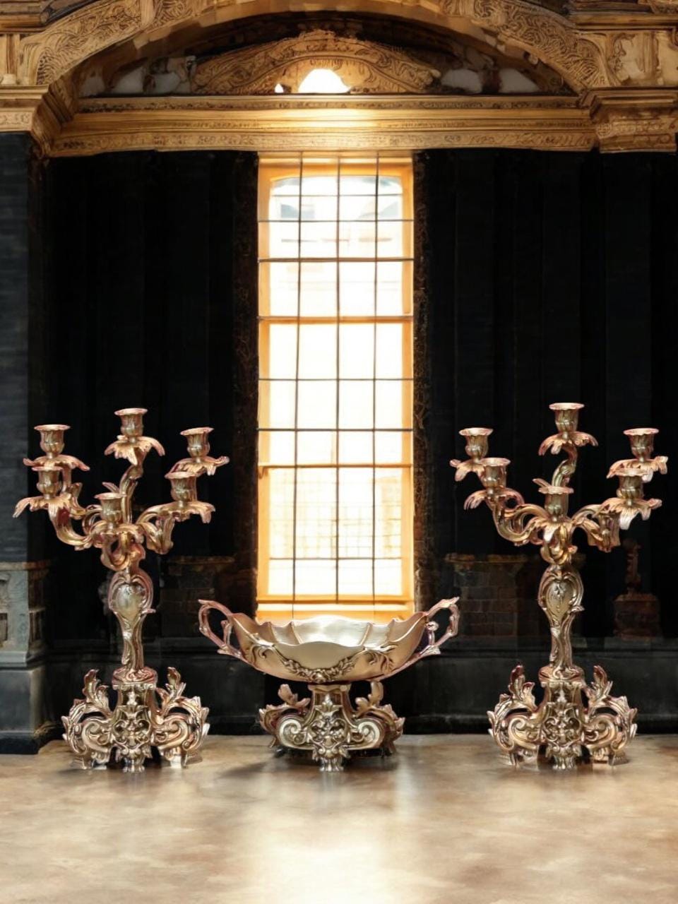 Antique-Style Gilt Bronze Candelabra & Center Bowl Set – French Rococo Design (3 Piece Set)