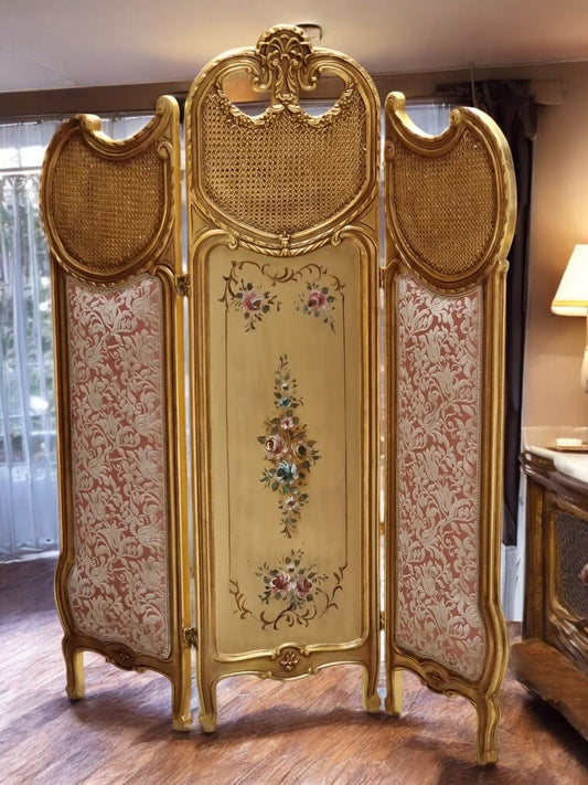 French Rococo Vanity Chair & Folding Screen Set – Hand-Carved Gold Leaf Wood with Floral Accents, Elegant Dressing Room Decor