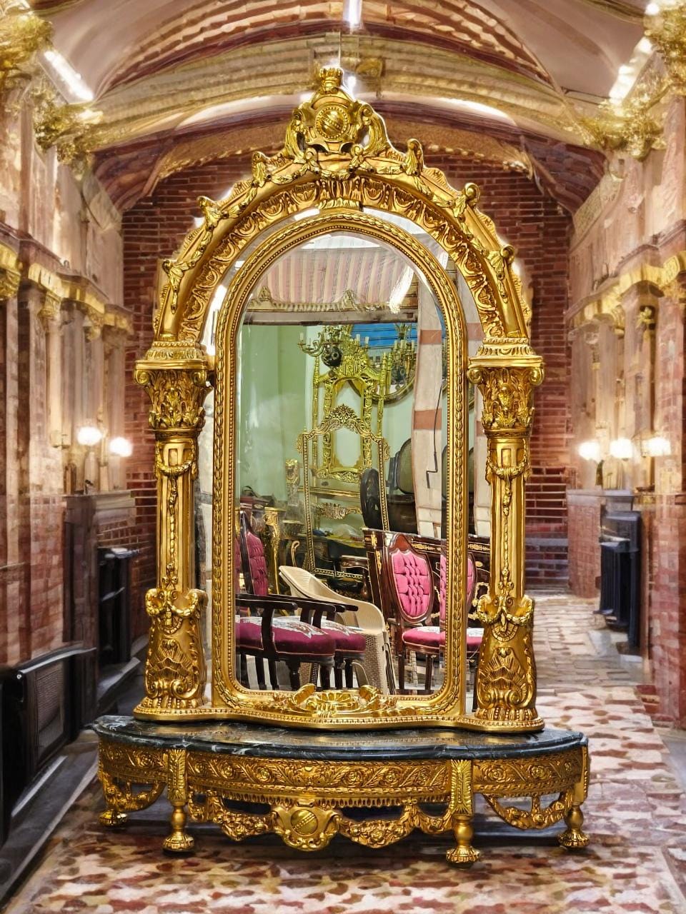 One Of kind Baroque-Style Ornate Gold Mirror With Console Marble Top Base