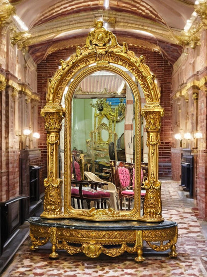 One Of kind Baroque-Style Ornate Gold Mirror With Console Marble Top Base