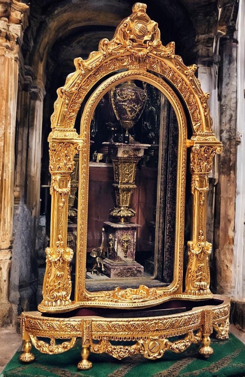 One Of kind Baroque-Style Ornate Gold Mirror With Console Marble Top Base