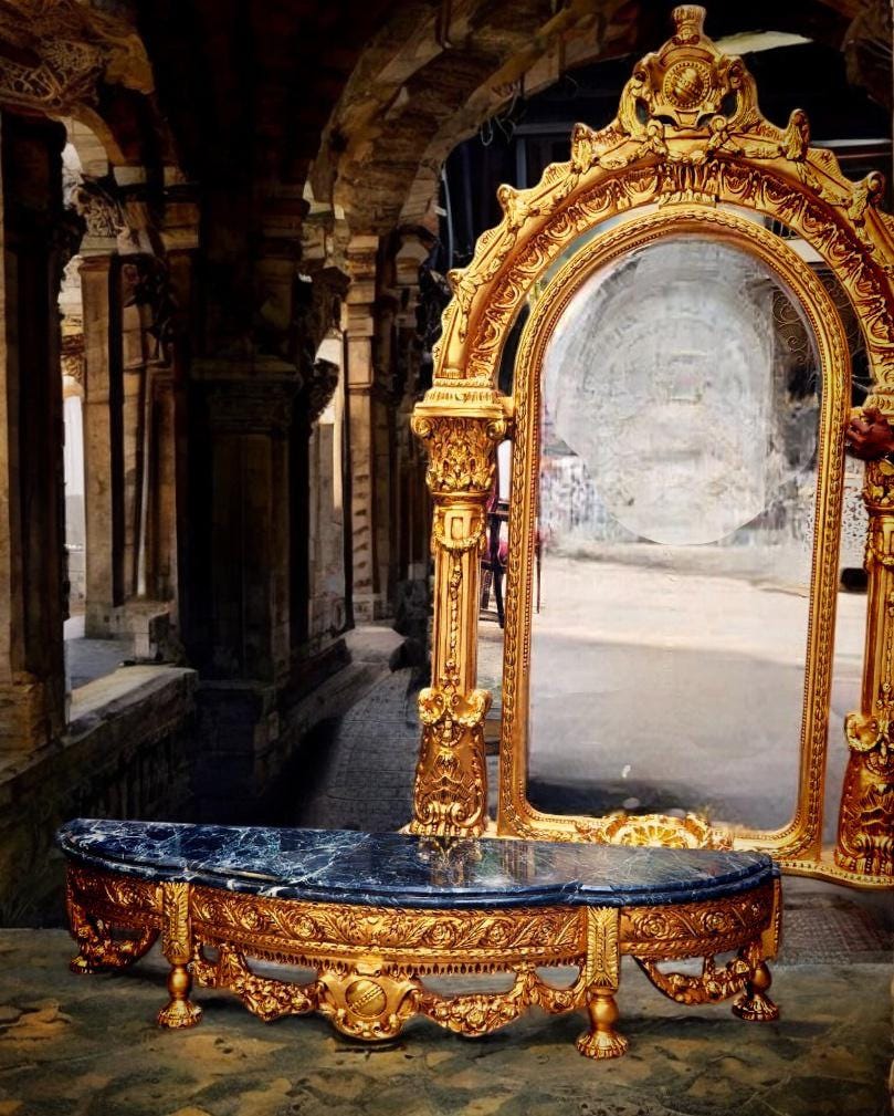 One Of kind Baroque-Style Ornate Gold Mirror With Console Marble Top Base