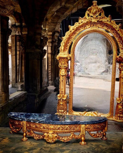 One Of kind Baroque-Style Ornate Gold Mirror With Console Marble Top Base