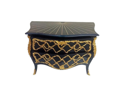 Handcrafted French Louis XV Black & Gold Bombe Chest – Ornate 2-Drawer Baroque Commode
