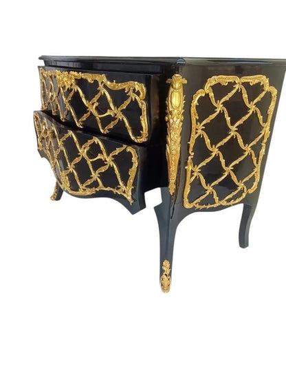Handcrafted French Louis XV Black & Gold Bombe Chest – Ornate 2-Drawer Baroque Commode