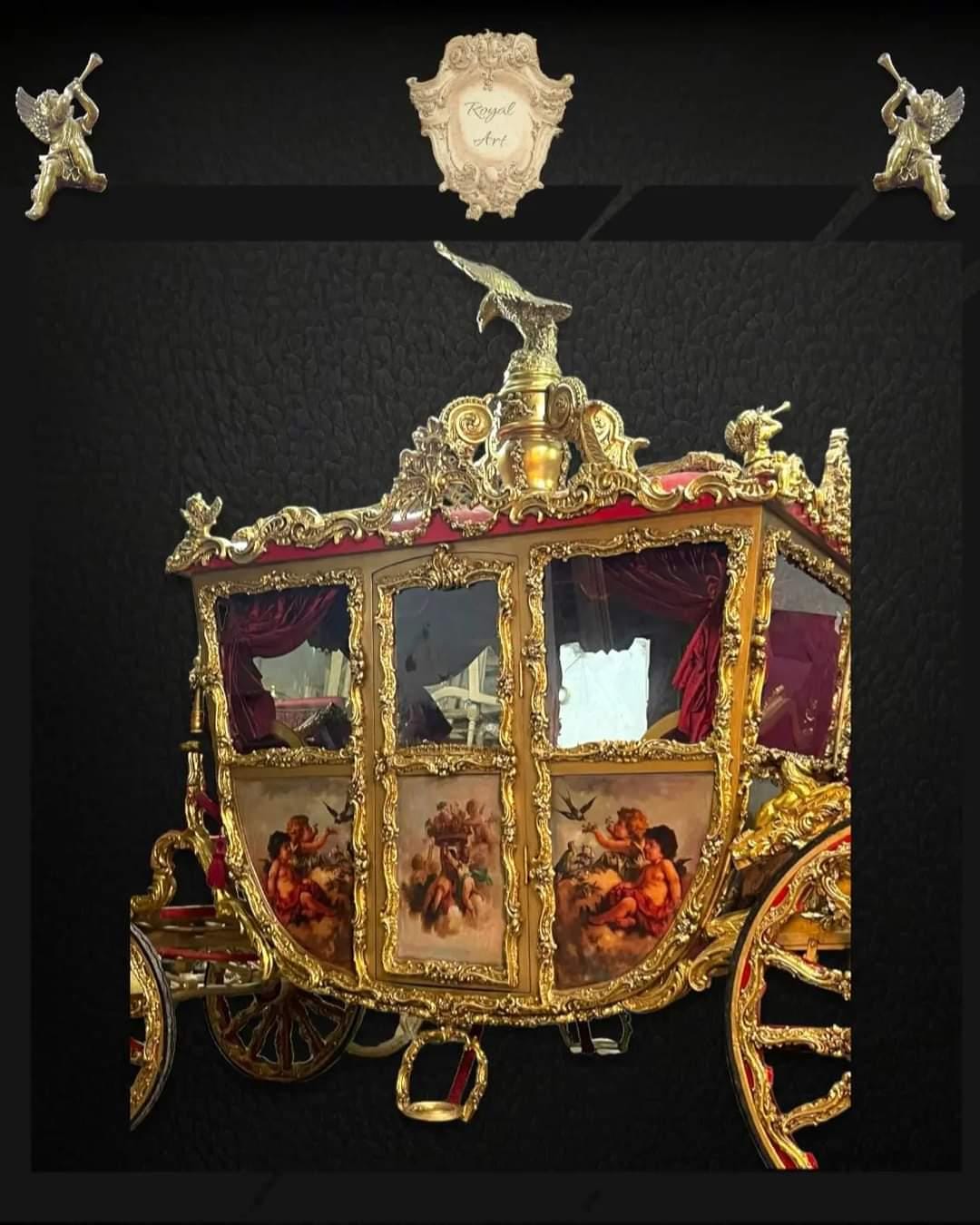 Handcrafted Royal Gold Carriage – Baroque Style Horse-Drawn Coach with Painted Panels & Velvet Interior | Read Description