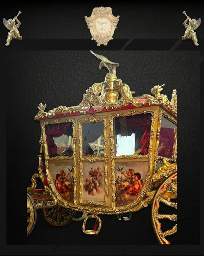 Handcrafted Royal Gold Carriage – Baroque Style Horse-Drawn Coach with Painted Panels & Velvet Interior | Read Description