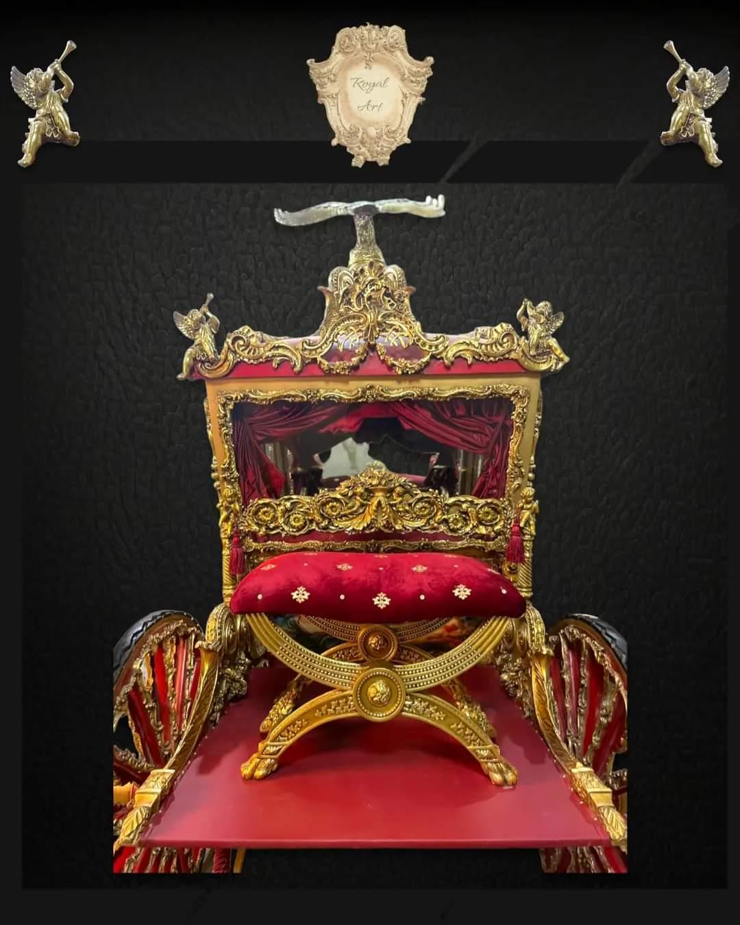 Handcrafted Royal Gold Carriage – Baroque Style Horse-Drawn Coach with Painted Panels & Velvet Interior | Read Description