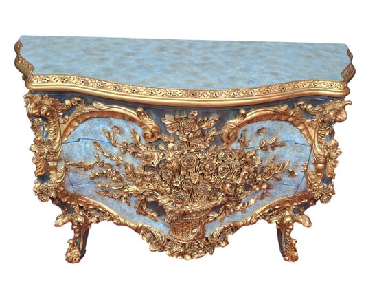 Baroque Rococo Floral Chest of Drawers | Hand-Carved Wooden Dresser | French Style Gilded Cabinet | Blue & Gold Statement Furniture